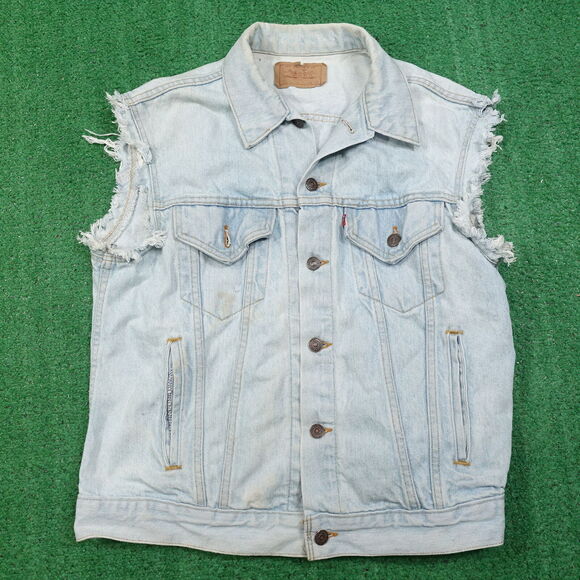 VINTAGE LEVI'S USA MADE MOTLEY CRUE DENIM JEAN BATTLE VEST WOMENS 14 21X22.5 - Picture 5 of 16